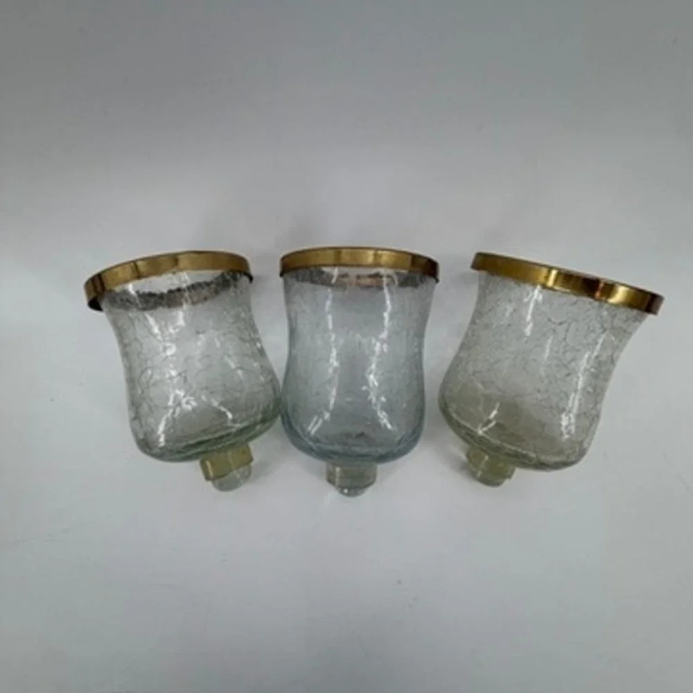 Vintage Crackle Glass Hurricane Candle Shades Set of 3 Brass Rim Peg Base Clear